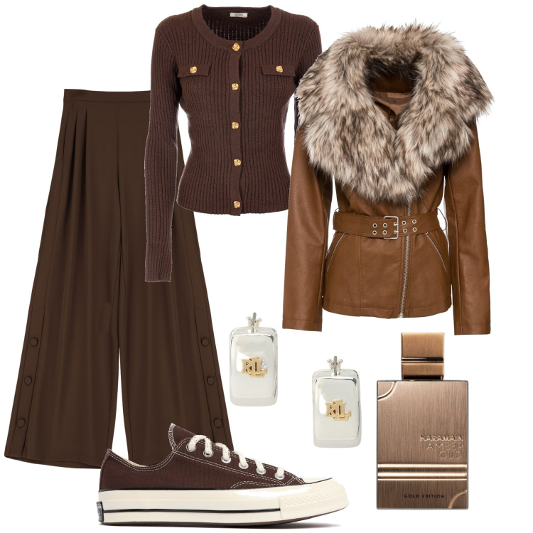 Outfit donna - Tempo incerto: collo caldo removibile. Stile Casual chic per Ufficio. Abbinamento con blazer, profumi, pantaloni, cardigans, orecchini, sneakers.