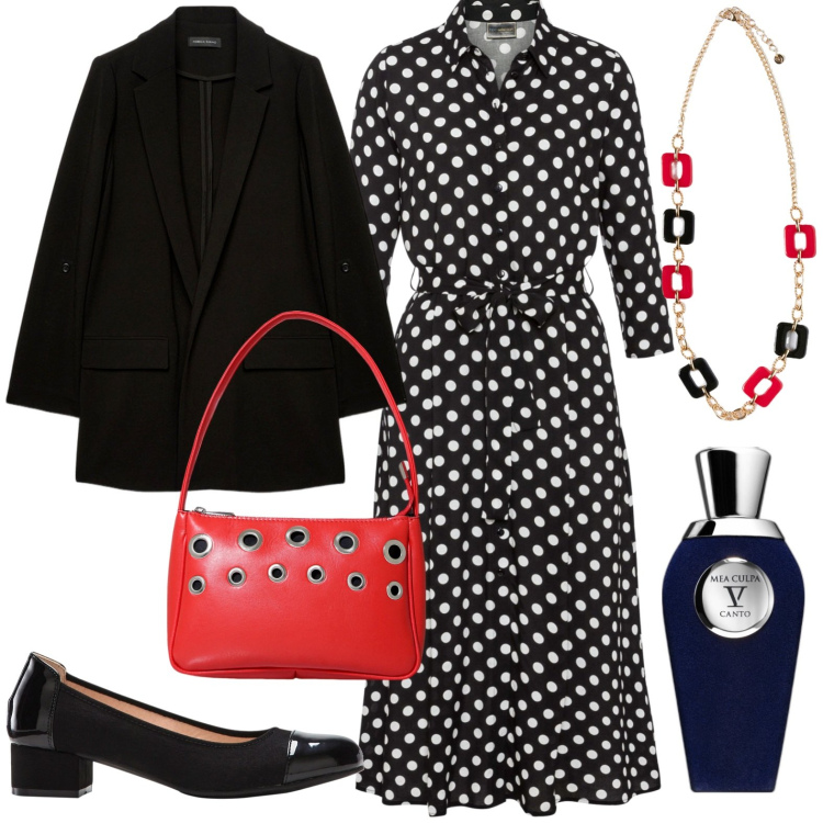 Outfit donna - Total look #1961773. Stile Casual chic per Tutti i giorni. Abbinamento con vestiti midi/longuette, décolleté, profumi, borse a mano, blazer, ciondoli.