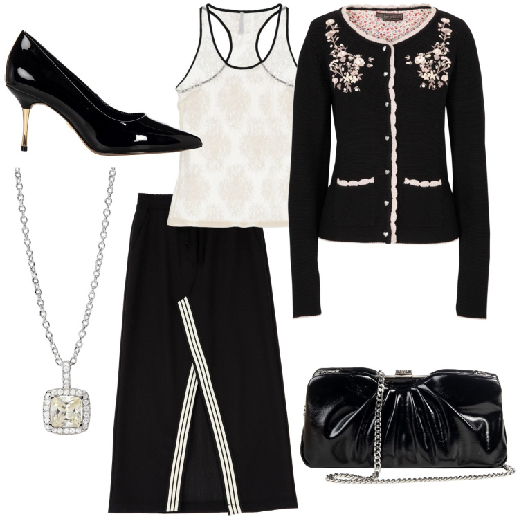 Outfit donna - Total look #1961782. Stile Casual chic per Tutti i giorni. Abbinamento con cardigans, collane, pochette, décolleté, canottiere, gonne lunghe.