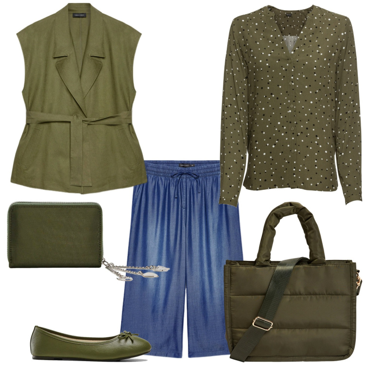 Outfit donna - Military green trendy. Stile Trendy per Tutti i giorni. Abbinamento con camicie, ballerine, shopping bag, portafogli, blazer, pantaloni.