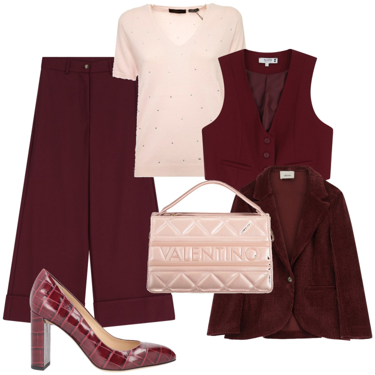 Outfit donna - Vin brûlé e rosa cipria. Stile Glamour per Serata fuori. Abbinamento con décolleté, gilet, blazer, pantaloni, t-shirt, borse a spalla.