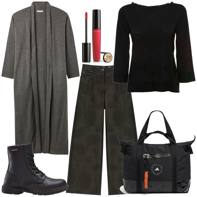 Outfit donna - I toni scuri. Stile Minimal per Tutti i giorni. Abbinamento con stivaletti, gloss, cardigans, pantaloni, maglieria, shopping bag.