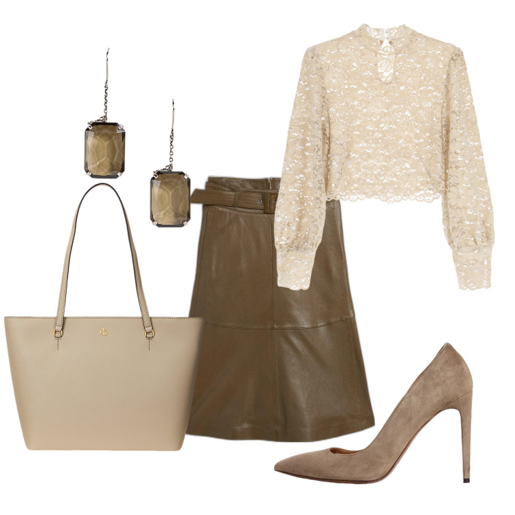 Outfit donna - Total look #1961835. Stile Preppy per Ufficio. Abbinamento con gonne, camicie, borse tote, décolleté, orecchini.
