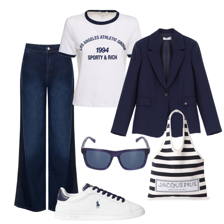 Outfit donna - City day. Stile Casual per Tutti i giorni. Abbinamento con jeans, blazer, sneakers, t-shirt, occhiali da sole, borse tote.