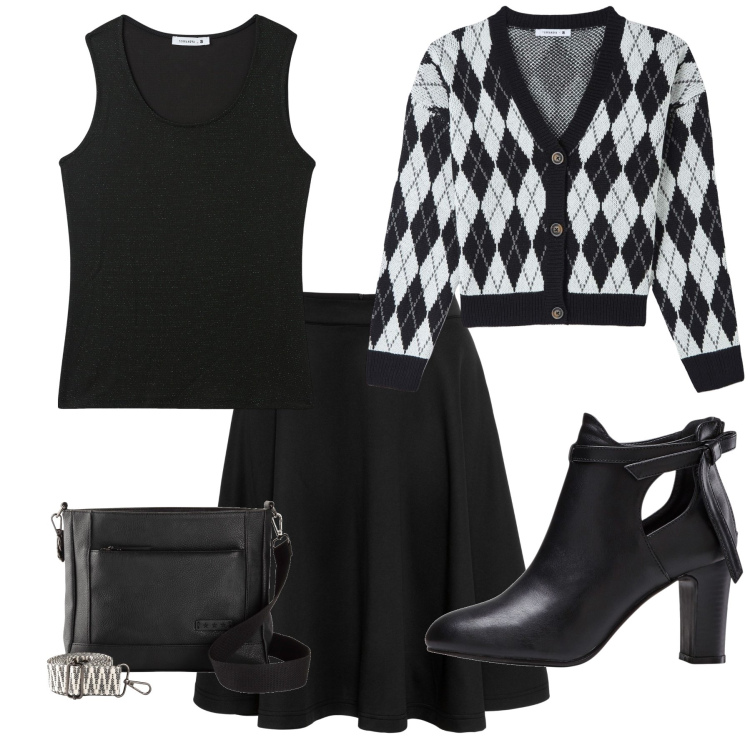 Outfit donna - Total look #1961853. Stile Preppy per Serata fuori. Abbinamento con gonne, borse a tracolla, stivaletti, cardigans, canottiere.