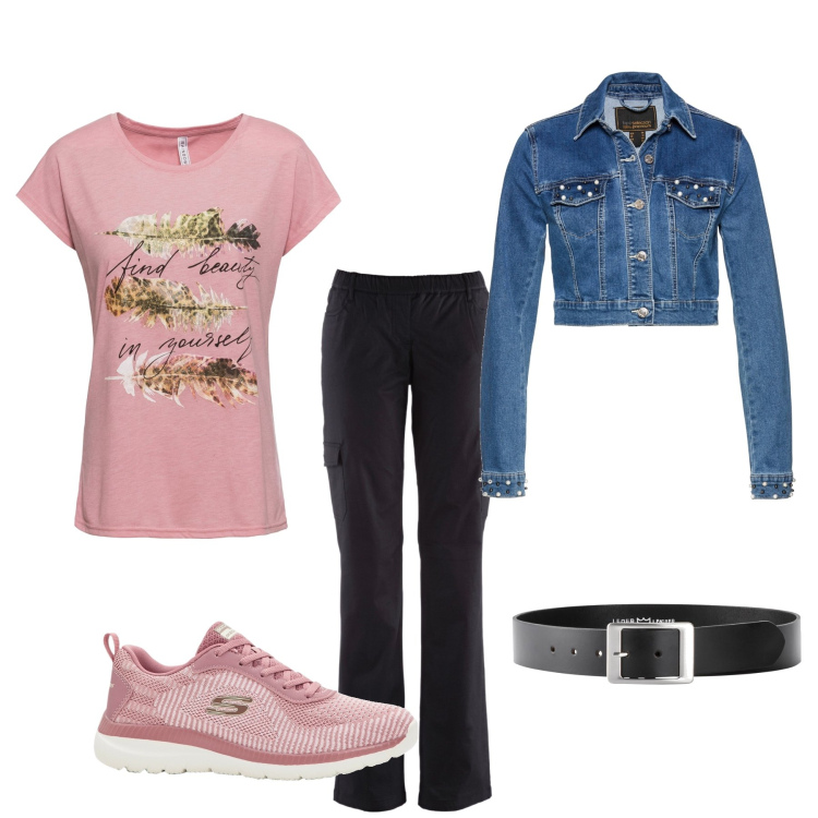 Outfit donna - Total look #1961872. Stile Casual per Tutti i giorni. Abbinamento con cinture, t-shirt, blazer, sneakers, pantaloni cargo.