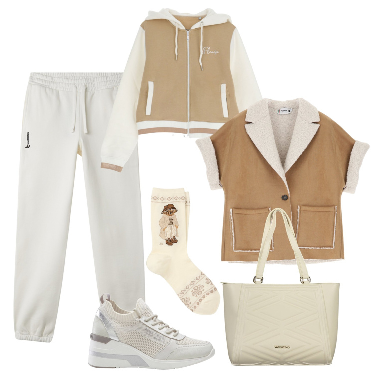 Outfit donna - Città comoda al calduccio. Stile Casual per Tutti i giorni. Abbinamento con sneakers, blazer, felpe con cappuccio, pantaloni sportivi, calzini, borse a spalla.