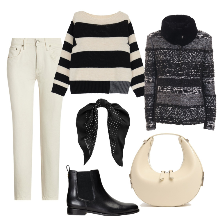 Outfit donna - Jeans, Chelsea e giacca in tweed. Stile Casual chic per Tutti i giorni. Abbinamento con blazer, pullovers, foulard, jeans, stivaletti chelsea, borse a mano.