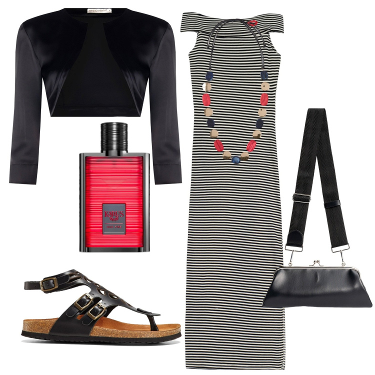 Outfit donna - Giornate assolate. Stile Casual per Tutti i giorni. Abbinamento con sandali in pelle, profumi, bolero, vestiti a tubino, collane, clutch.