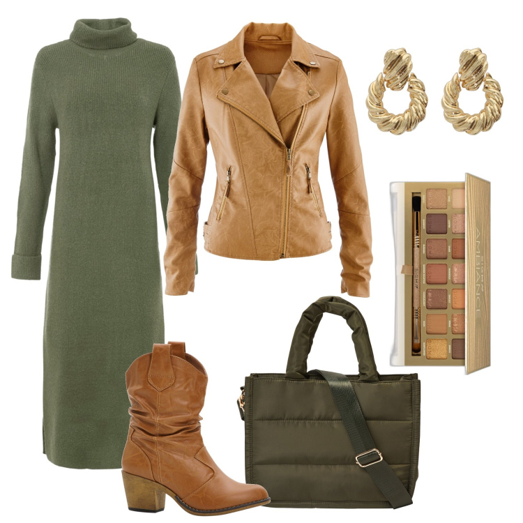 Outfit donna - Abito lungo in maglia, texani e biker. Stile Trendy per Tutti i giorni. Abbinamento con stivaletti texani, blazer, vestiti, ombretti, shopping bag, orecchini.