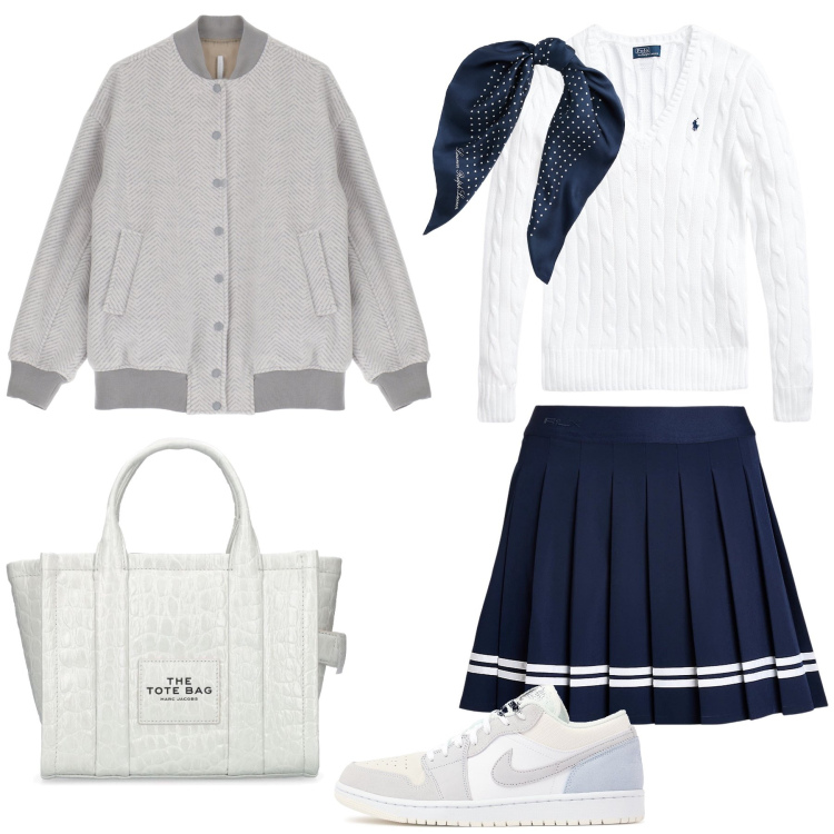 Outfit donna - Richiamo alla scuola. Stile Preppy per Tutti i giorni. Abbinamento con bomber, maglieria, foulard, gonne, sneakers, shopping bag.