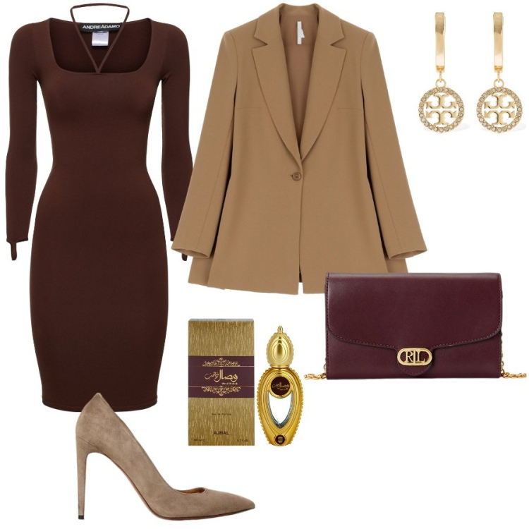 Outfit donna - Outfit ton sur ton. Stile Chic per Serata fuori. Abbinamento con profumi, blazer, borse a tracolla, décolleté, vestiti midi/longuette, orecchini.
