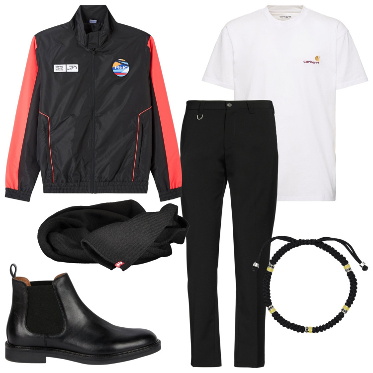 Outfit uomo - In giro. Stile Biker Rock per Tutti i giorni. Abbinamento con pantaloni, giacche, braccialetti, sciarpe, t-shirt, stivali e stivaletti.