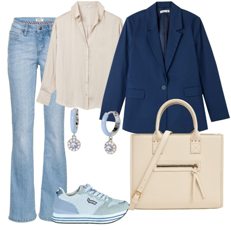 Outfit donna - Total look #1962006. Stile Casual chic per Scuola/Università. Abbinamento con jeans bootcut, shopping bag, blazer, camicie, orecchini, scarpe sportive.