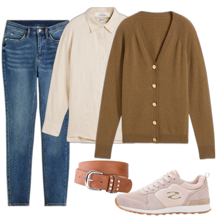 Outfit donna - Naturalezza. Stile Basic per Tutti i giorni. Abbinamento con sneakers, jeans skinny, cinture, cardigans, camicie.