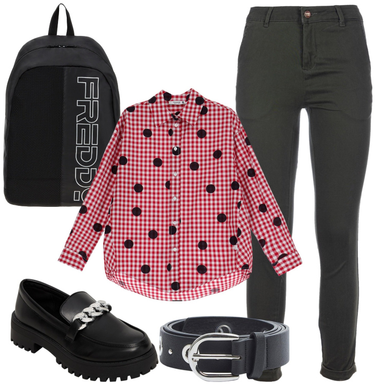 Outfit donna - Settembre. Stile Casual chic per Scuola/Università. Abbinamento con mocassini, cinture, pantaloni, camicie, zaini.