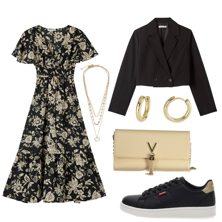Outfit donna - Aperitivo in comodità. Stile Casual chic per Tutti i giorni. Abbinamento con vestiti lunghi, blazer, collane, orecchini, sneakers, borse a mano.