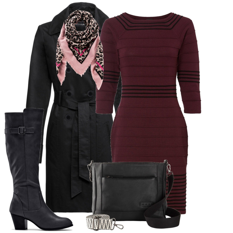 Outfit donna - City. Stile Urban per Tutti i giorni. Abbinamento con vestiti, trench, stivali, foulard, borse a tracolla.