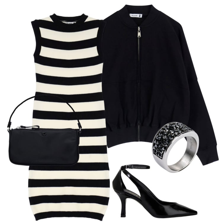 Outfit donna - A cena con le amiche. Stile Casual chic per Serata fuori. Abbinamento con anelli, vestiti, felpe, décolleté, pochette.