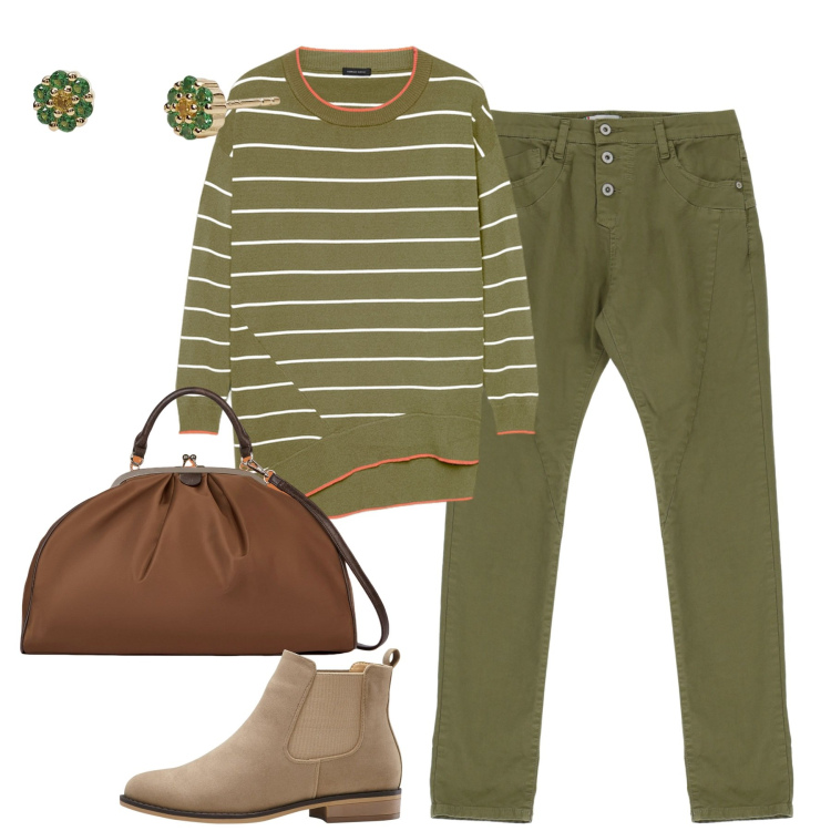 Outfit donna - City. Stile Basic per Tutti i giorni. Abbinamento con stivaletti chelsea, orecchini, pantaloni, maglieria, borse a spalla.