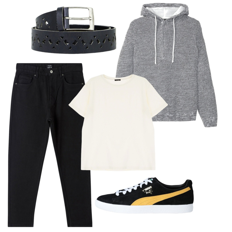 Outfit uomo - In centro. Stile Urban per Tutti i giorni. Abbinamento con maglieria, sneakers, pantaloni, cinture, t-shirt.