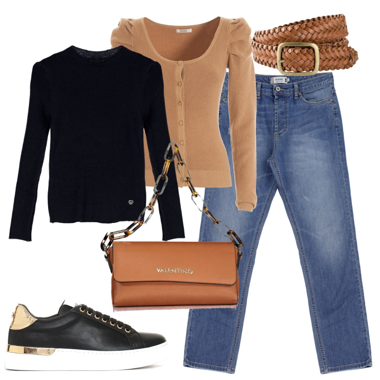 Outfit donna - Al lavoro. Stile Casual chic per Tutti i giorni. Abbinamento con cinture, cardigans, sneakers, pullovers, jeans dritti, borse a spalla.