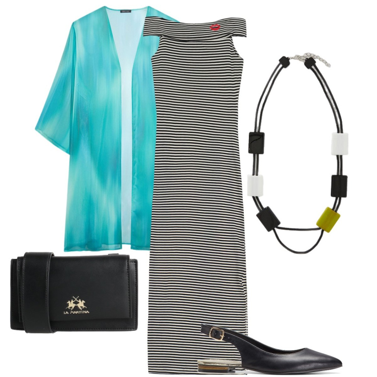 Outfit donna - Vacanze estive a settembre. Stile Casual chic per Serata fuori. Abbinamento con borse a tracolla, ballerine, collane, caftani, vestiti a tubino.
