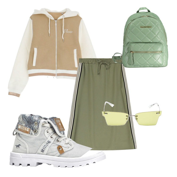 Outfit donna - Total look #1962155. Abbinamento con sneakers alte, felpe con cappuccio, gonne, occhiali da sole, zaini.