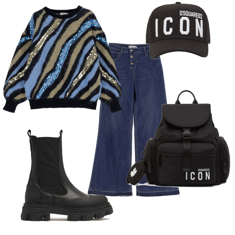 Outfit donna - Total look #1962157. Stile Casual chic per Scuola/Università. Abbinamento con jeans, maglieria, cappelli, stivaletti chelsea, zaini.