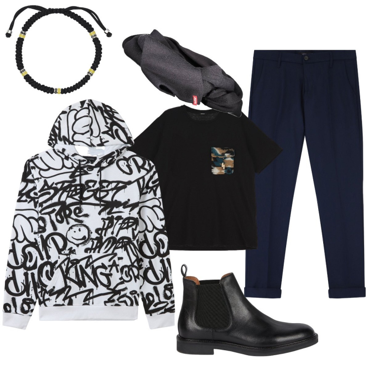Outfit uomo - Urban street style total black. Stile Urban per Tutti i giorni. Abbinamento con felpe con cappuccio, braccialetti, t-shirt, pantaloni chino, sciarpe, stivali e stivaletti.