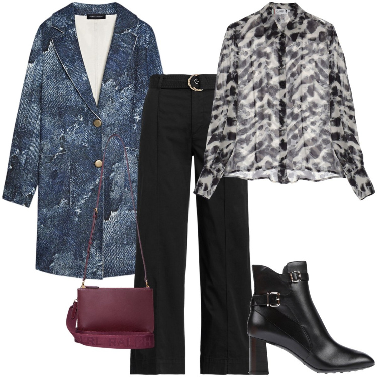 Outfit donna - Il cappotto effetto denim. Stile Bon Ton per Ufficio. Abbinamento con stivaletti, camicie, borse a tracolla, pantaloni, cappotti.