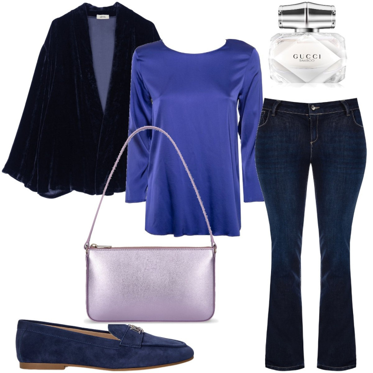 Outfit donna - Non solo blu. Stile Bon Ton per Serata fuori. Abbinamento con profumi, jeans a zampa, mocassini, blazer, bluse, borse a spalla.