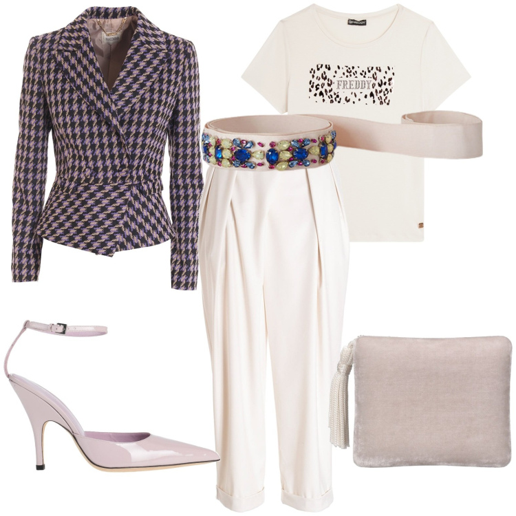 Outfit donna - Total look #1962245. Stile Casual per Tutti i giorni. Abbinamento con décolleté, blazer, pantaloni, t-shirt, pochette, cinture.