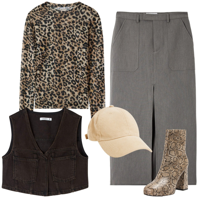 Outfit donna - Primi freddi. Stile Trendy per Tutti i giorni. Abbinamento con gilet, gonne lunghe, maglieria, stivaletti, cappelli con visiera.