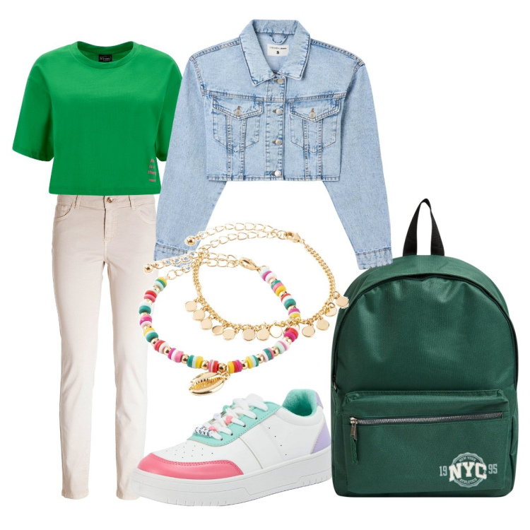 Outfit donna - Suona la campanella. Stile Casual per Scuola/Università. Abbinamento con braccialetti con ciondoli, blazer, zaini, sneakers, jeans skinny, t-shirt.