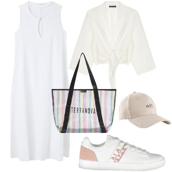 Outfit donna - Alla ricerca dell\'estate. Stile Casual per Mare. Abbinamento con cappelli con visiera, shopping bag, vestiti senza maniche, scarpe sportive, blazer.