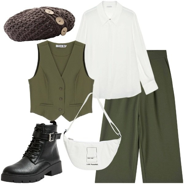 Outfit donna - Mannish con coppola. Stile Mannish per Tutti i giorni. Abbinamento con berretti, pantaloni a palazzo, marsupi, anfibi, gilet, camicie.