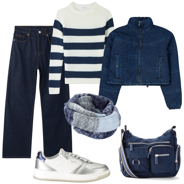 Outfit donna - Pratica in jeans !. Stile Casual per Tutti i giorni. Abbinamento con foulard, borse a tracolla, jeans, blazer, maglieria, sneakers.