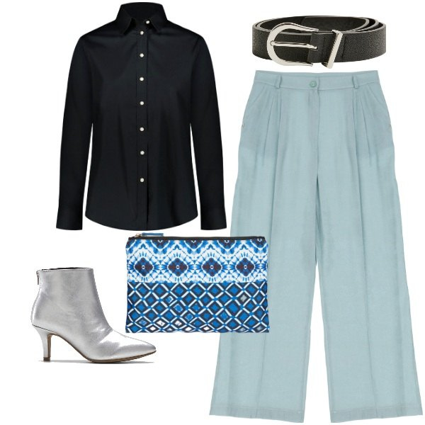 Outfit donna - Il tronchetto silver. Stile Mannish per Ufficio. Abbinamento con stivaletti, camicie, cinture, pantaloni, pochette.