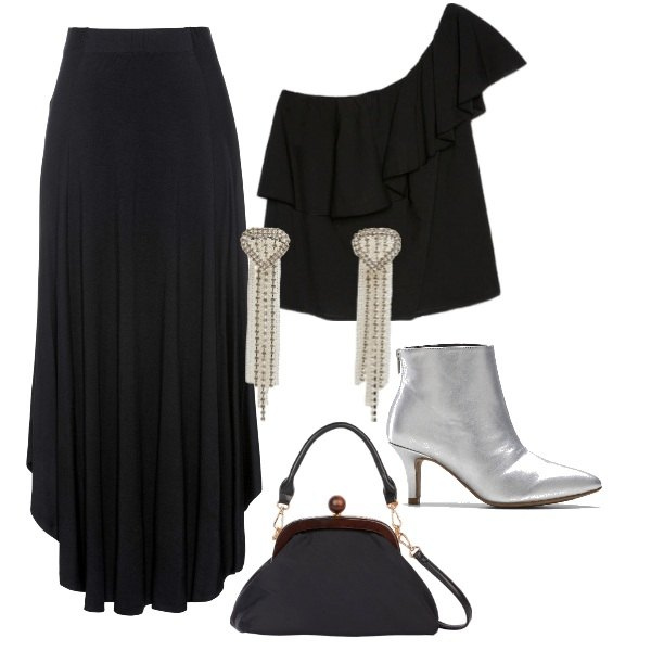 Outfit donna - Serata. Stile Glamour per Serata fuori. Abbinamento con gonne, stivaletti, orecchini, top, clutch.