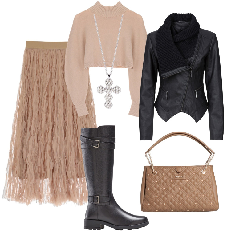 Outfit donna - Gonna arricciata e giacca poliedrica. Stile Trendy per Serata fuori. Abbinamento con borse a mano, blazer, stivali, ciondoli, maglieria, gonne lunghe.