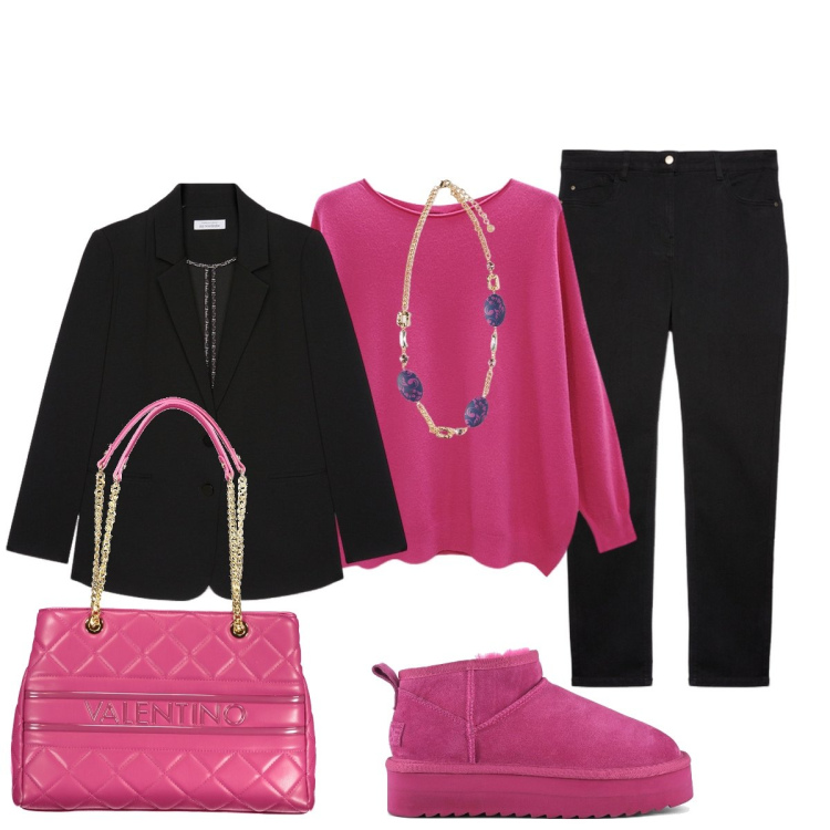 Outfit donna - In città. Stile Casual chic per Tutti i giorni. Abbinamento con stivaletti, maglieria, jeans skinny, ciondoli, blazer, borse a spalla.