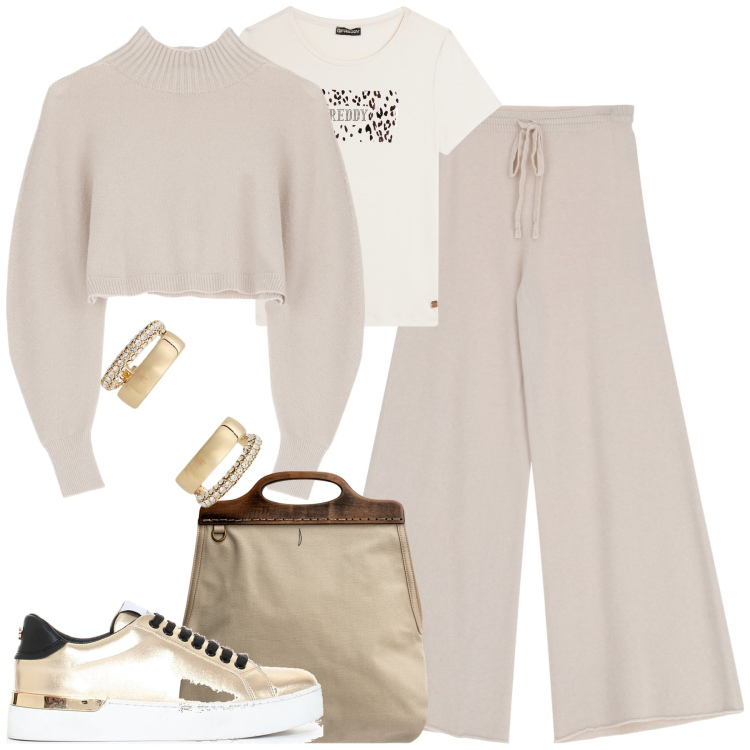 Outfit donna - City. Stile Sporty chic per Tutti i giorni. Abbinamento con sneakers, pantaloni, maglieria, t-shirt, orecchini, borse a tracolla.
