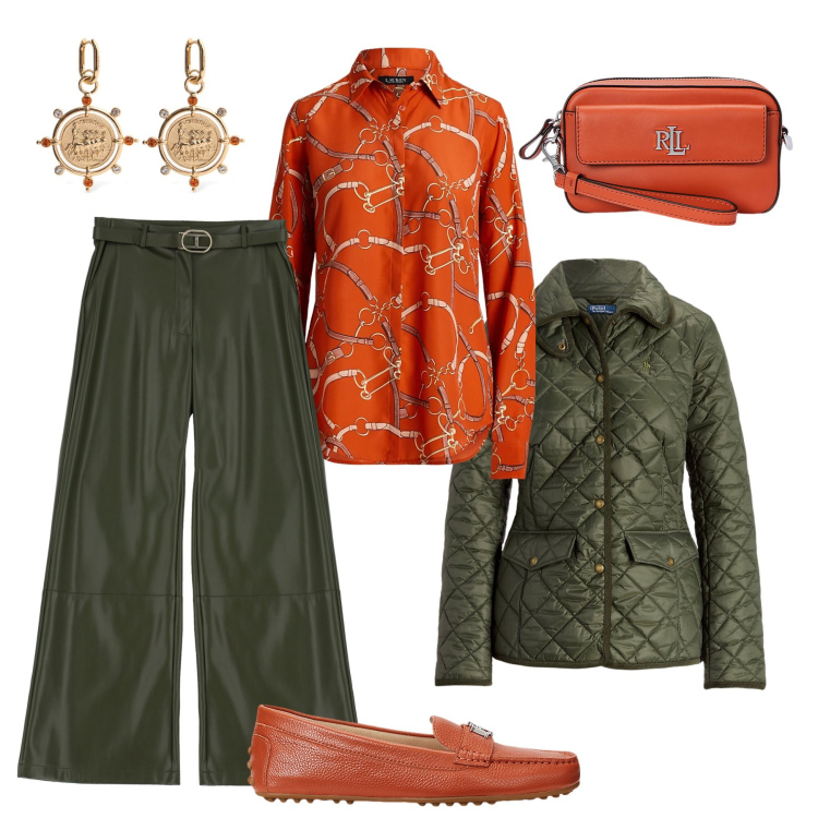 Outfit donna - Arancio ruggine e verde militare. Stile Glamour per Ufficio. Abbinamento con pantaloni, pochette, camicie, giacche, mocassini, orecchini.