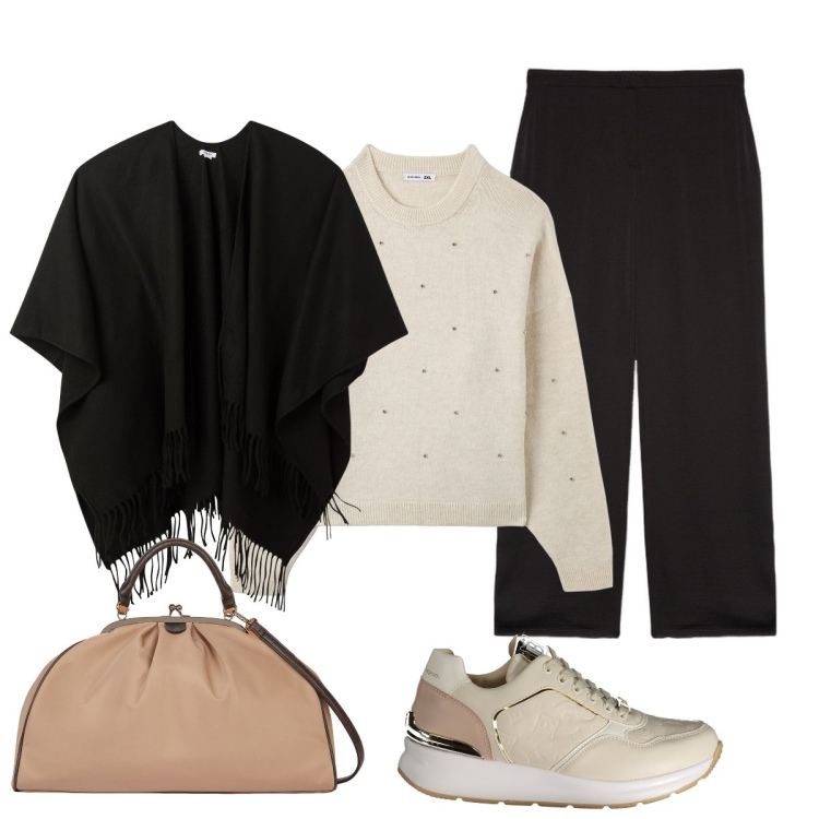Outfit donna - Total look #1962376. Stile Casual chic per Tutti i giorni. Abbinamento con cappe, maglieria, sneakers, pantaloni a palazzo, borse a spalla.