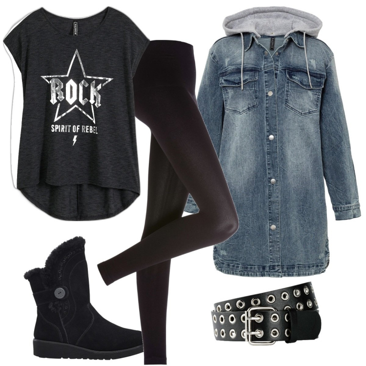 Outfit donna - Giacca jeans originale. Stile Rock per Tutti i giorni. Abbinamento con blazer, leggings, stivali, cinture, t-shirt.