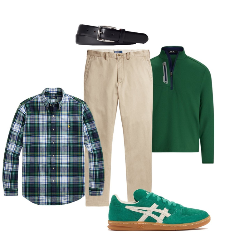 Outfit uomo - In ufficio. Stile Trendy per Tutti i giorni. Abbinamento con cinture, pantaloni chino, camicie, pullovers, sneakers.