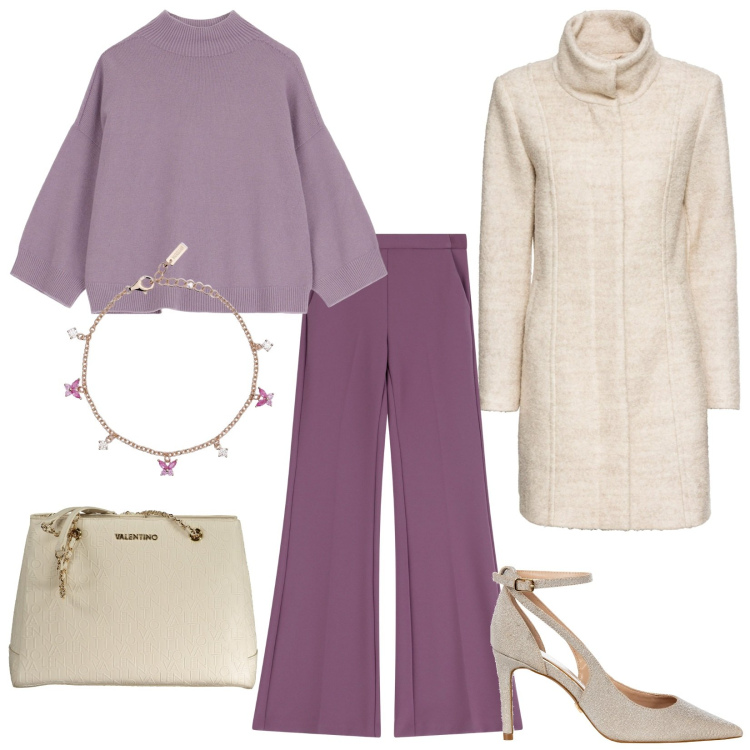 Outfit donna - Sfumature di viola. Stile Casual chic per Tutti i giorni. Abbinamento con cappotti, braccialetti, décolleté, pantaloni, pullovers, borse a spalla.
