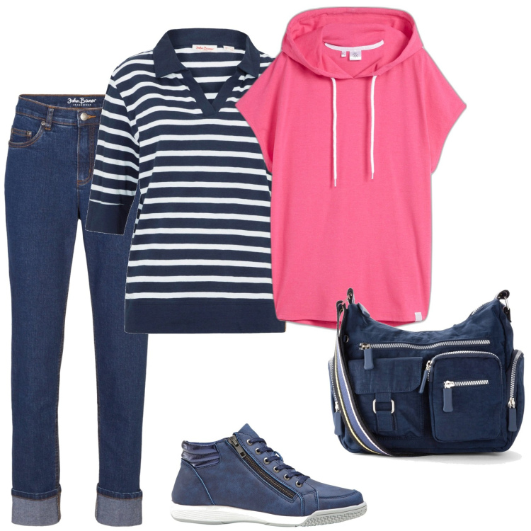 Outfit donna - Con i bimbi al parco giochi. Stile Casual per Tutti i giorni. Abbinamento con sneakers alte, borse a tracolla, polo, jeans boyfriend, maglieria.