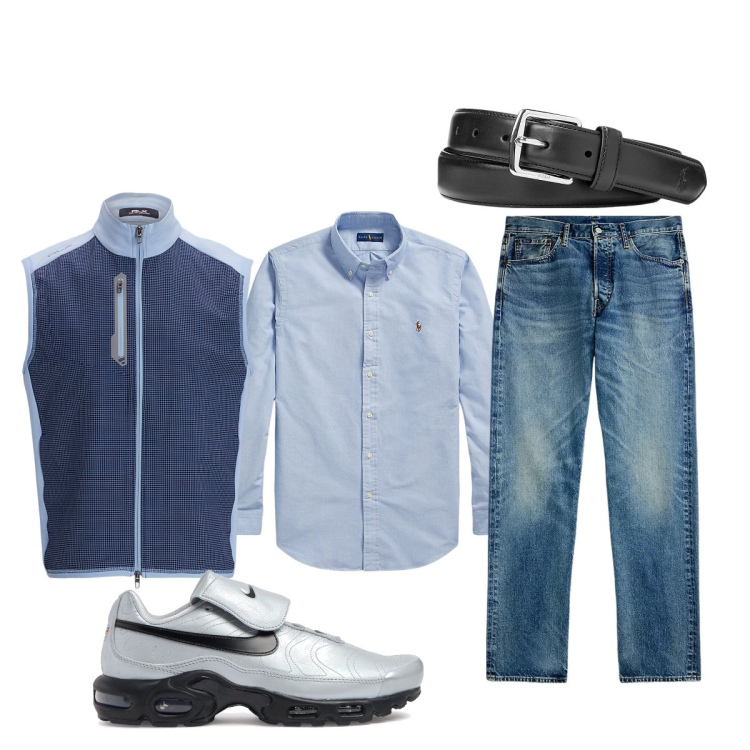 Outfit uomo - Total look #1962453. Stile Trendy per Tutti i giorni. Abbinamento con cinture, camicie, jeans dritti, gilet, sneakers.